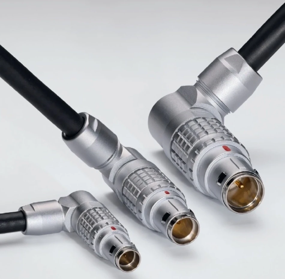 Picture of 3 LEMO Anglissimo connectors from the B series with cables
